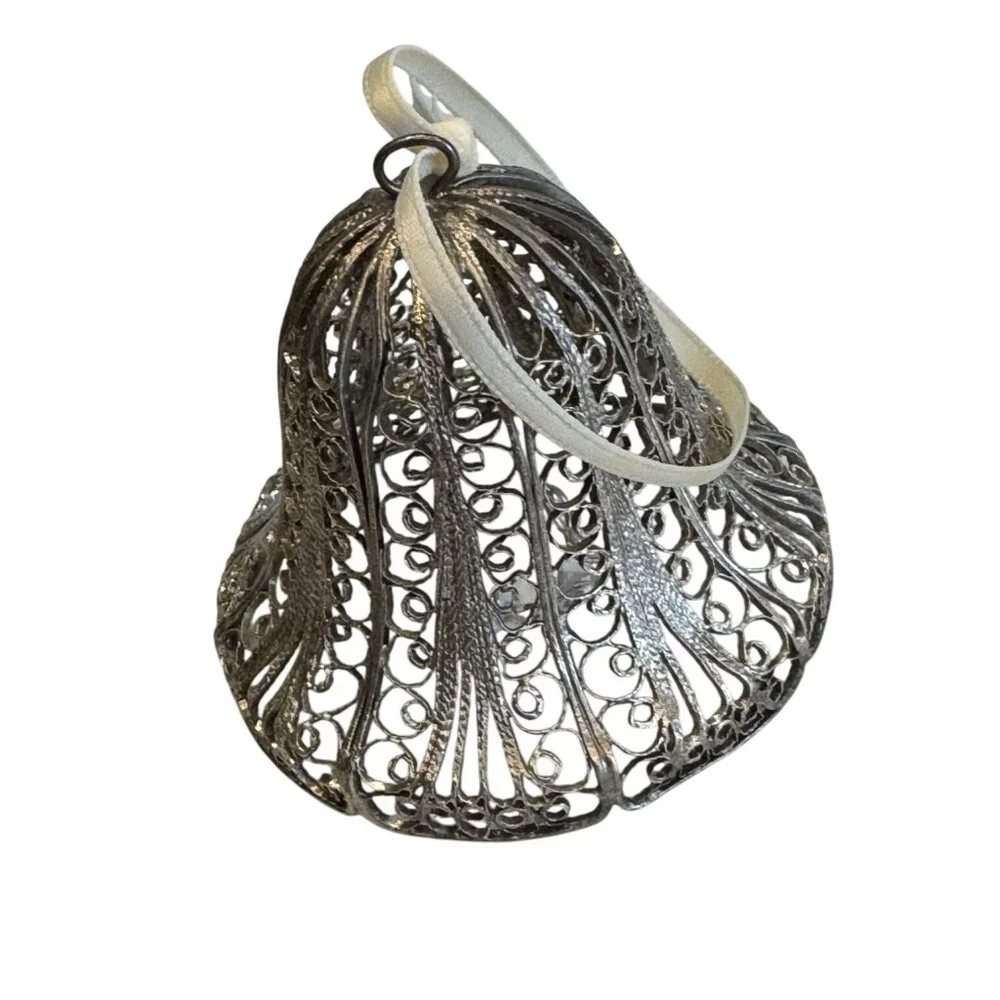 Vintage Silverplate Filigree Bell Ornament With Crystal Clapper 2.25" Holiday De - Picture 3 of 7